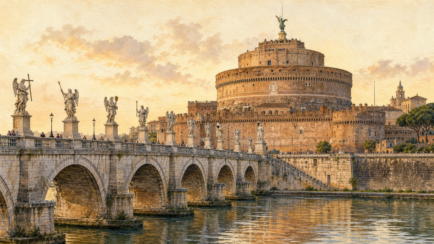 Original documentary watercolour of Castel Sant'Angelo and Ponte Sant'Angelo with its ten Baroque angels above the Tiber