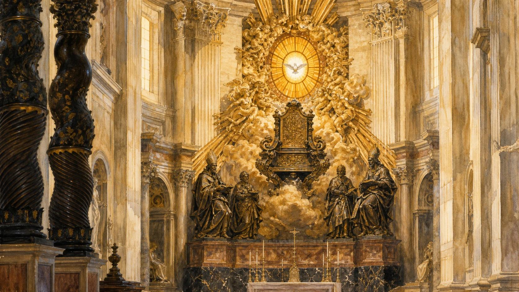 Original documentary watercolour of Bernini's gilded Cathedra and luminous dove window in the apse of Saint Peter's