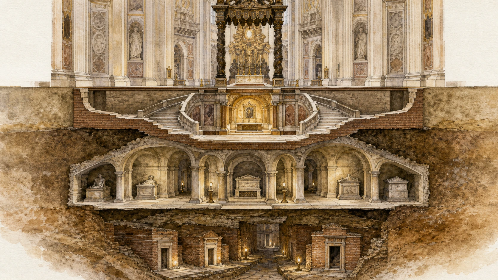 Original documentary cutaway watercolour separating the papal altar, Confessio, Vatican Grottoes and deeper Roman necropolis