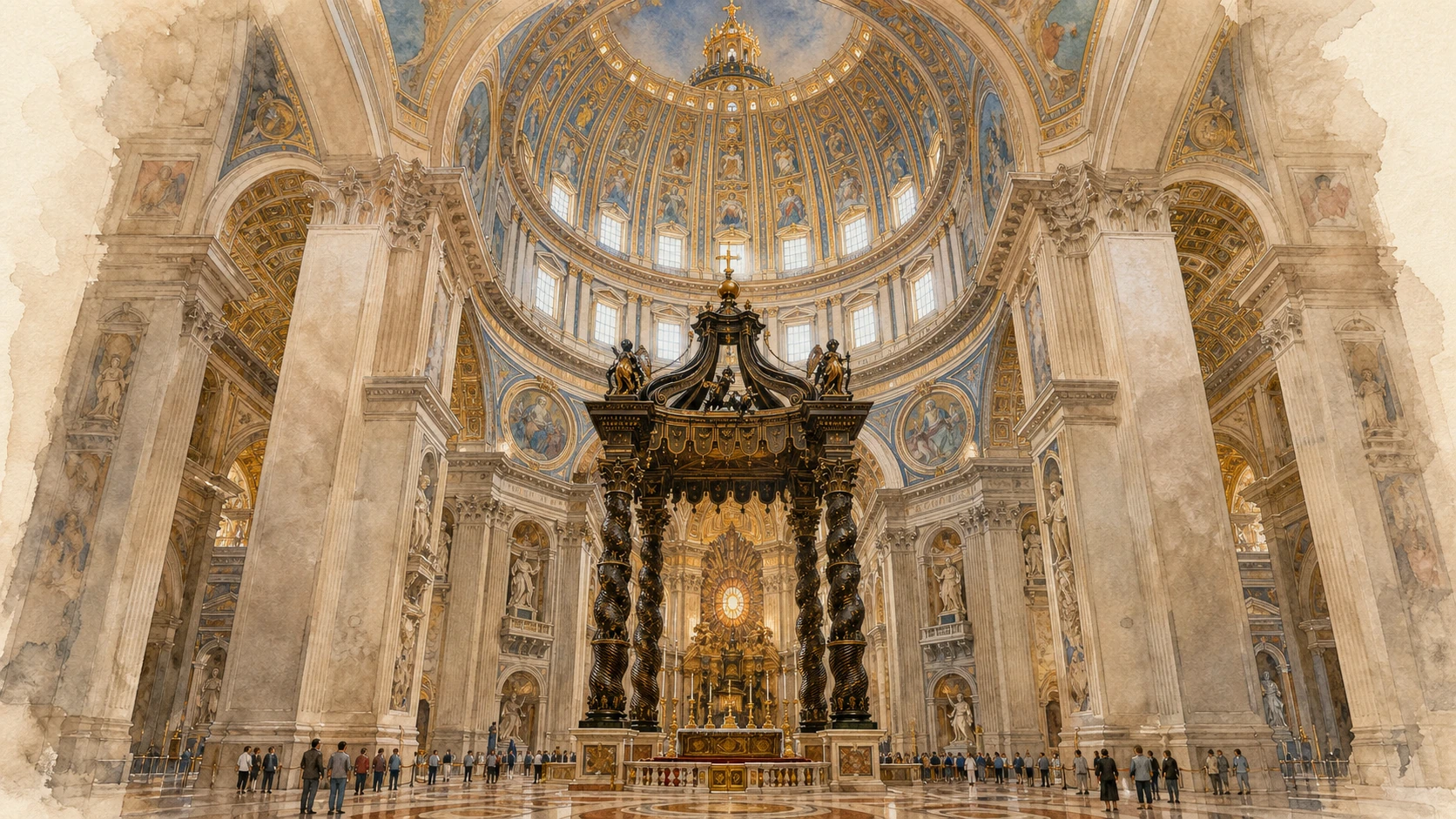 Original documentary watercolour looking from Bernini's bronze baldachin up into the dome of Saint Peter's