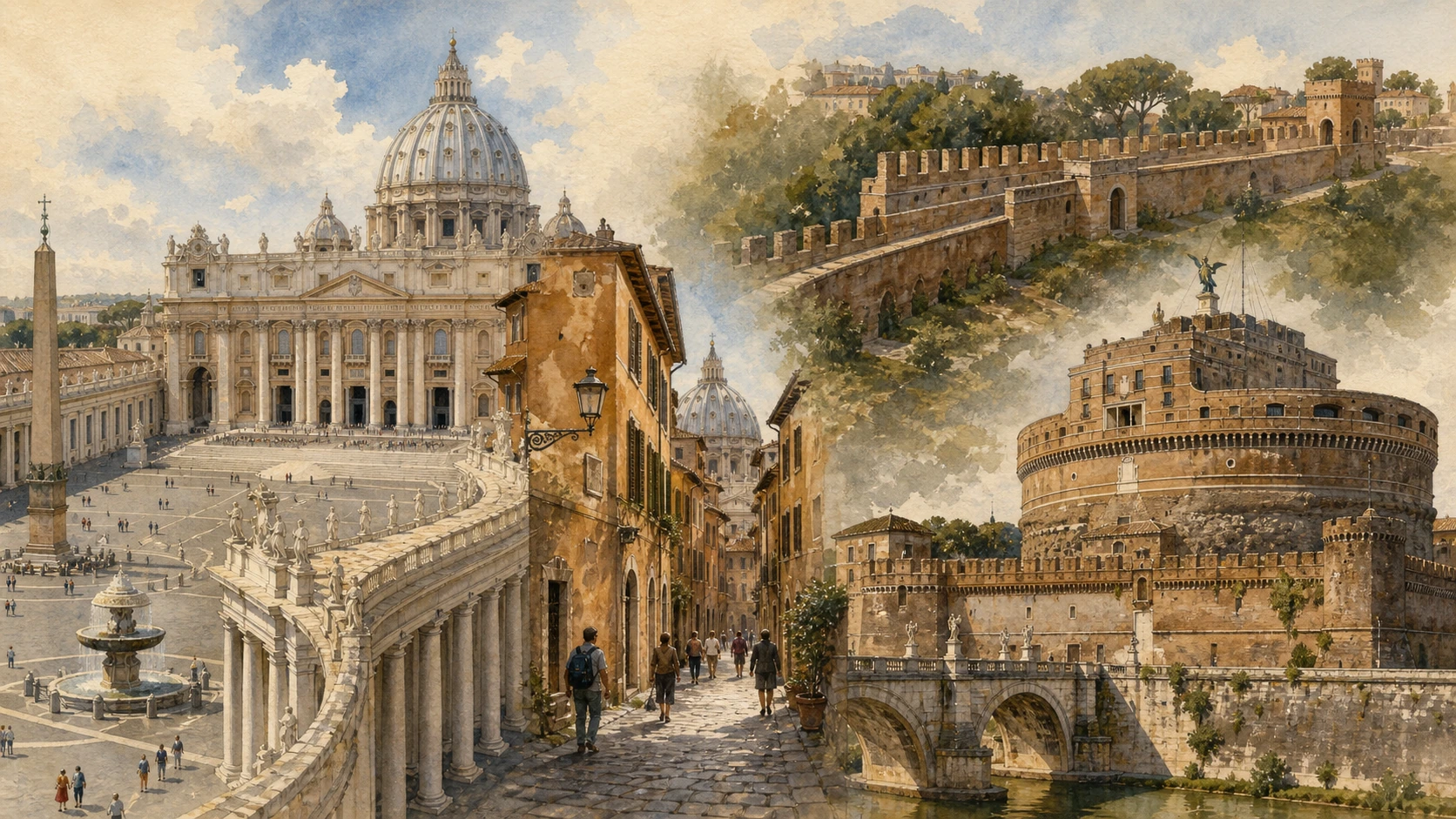 Documentary watercolour of Saint Peter’s, Borgo and Castel Sant’Angelo