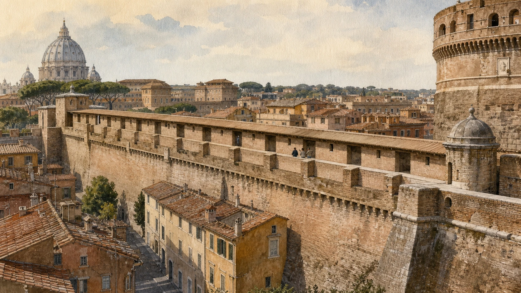 Original documentary watercolour following the elevated crenellated Passetto di Borgo from Vatican walls to Castel Sant'Angelo