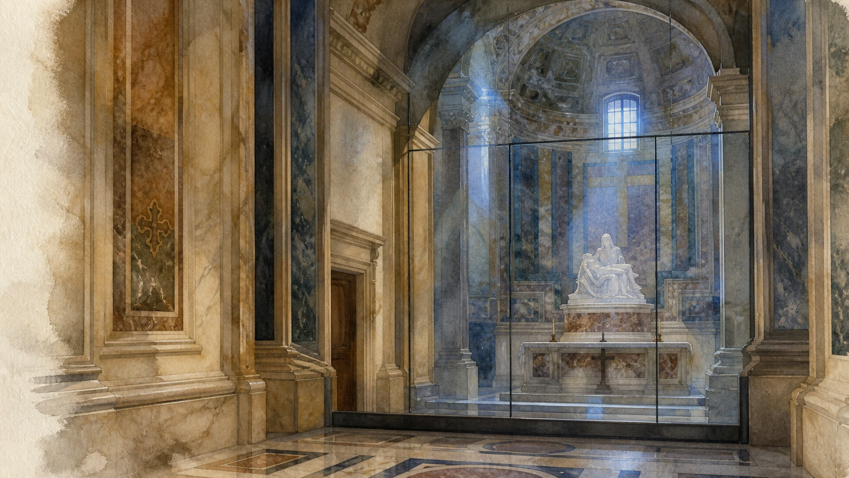 Original respectful documentary watercolour of Michelangelo's Pieta in the first right chapel behind its protective glass