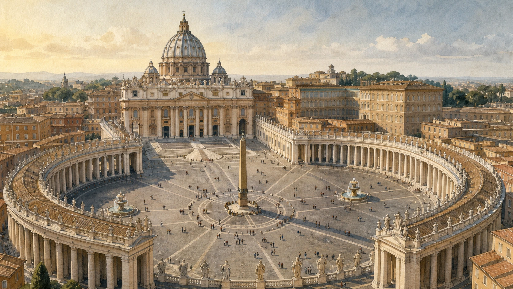 Original documentary watercolour of Saint Peter's Square with Bernini's four-row colonnade, obelisk and fountains