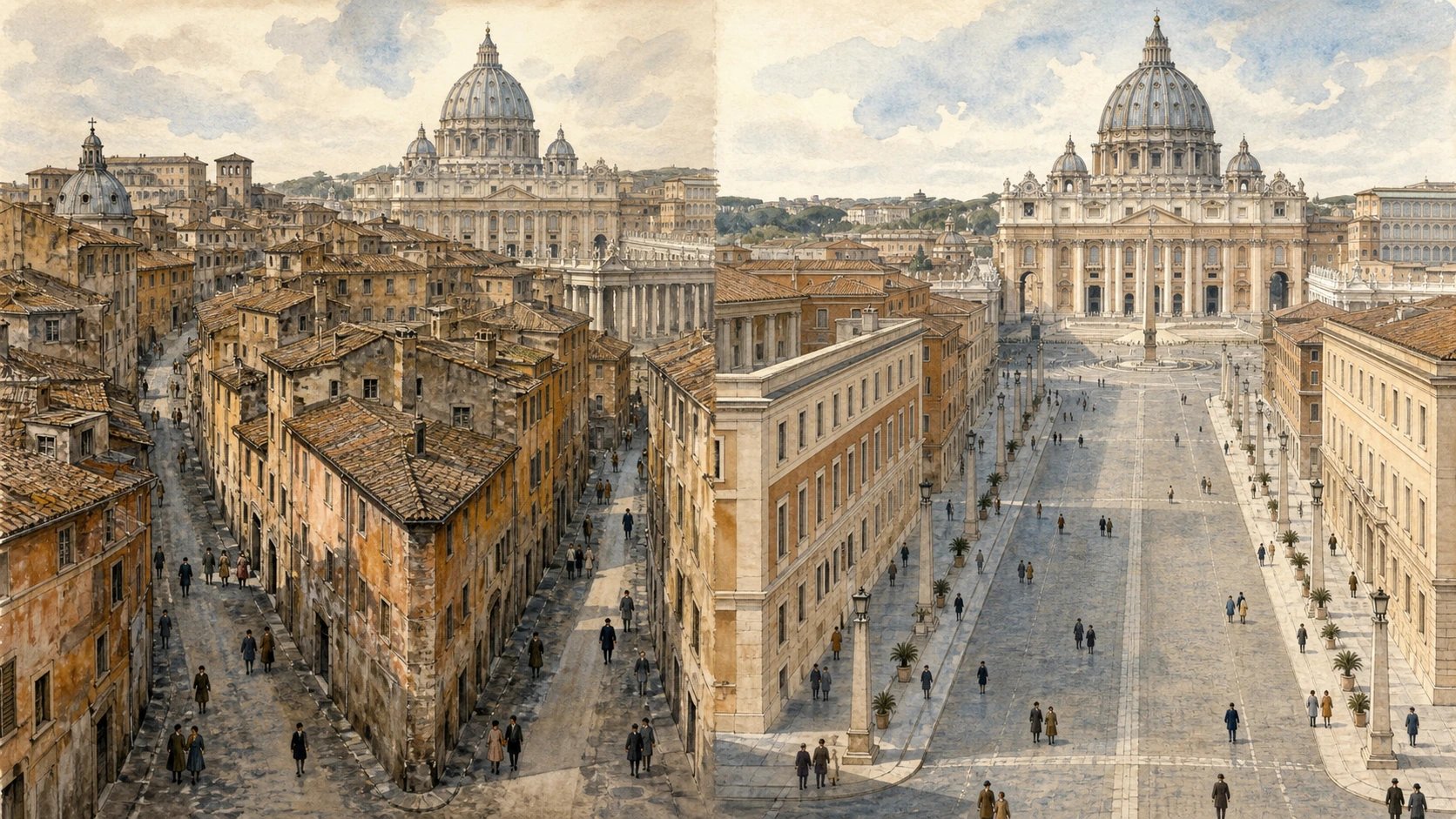 Original split-period documentary watercolour comparing the former Spina di Borgo with the open Via della Conciliazione axis