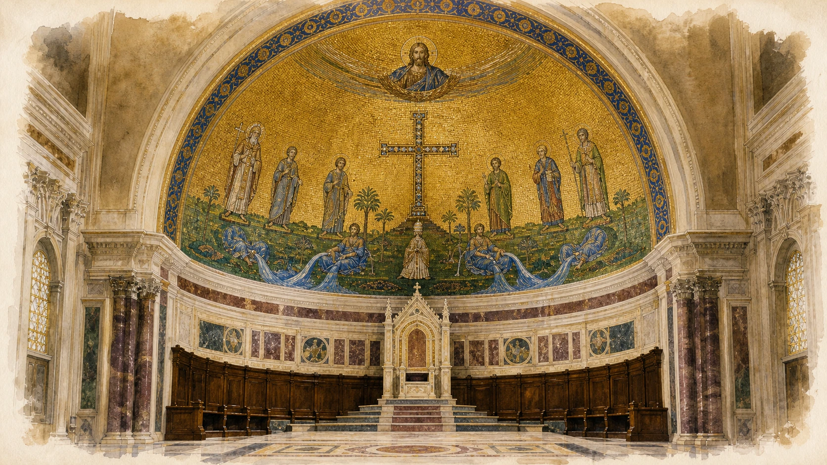 Original documentary watercolour of the Lateran apse mosaic, choir and episcopal cathedra