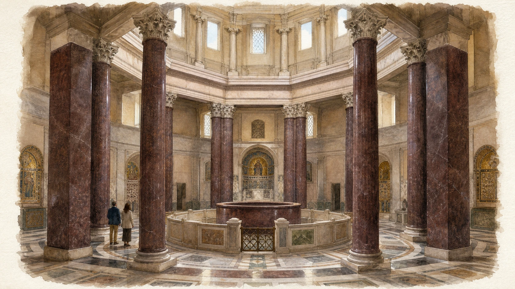 Original documentary watercolour inside the octagonal Lateran Baptistery with porphyry columns and central font