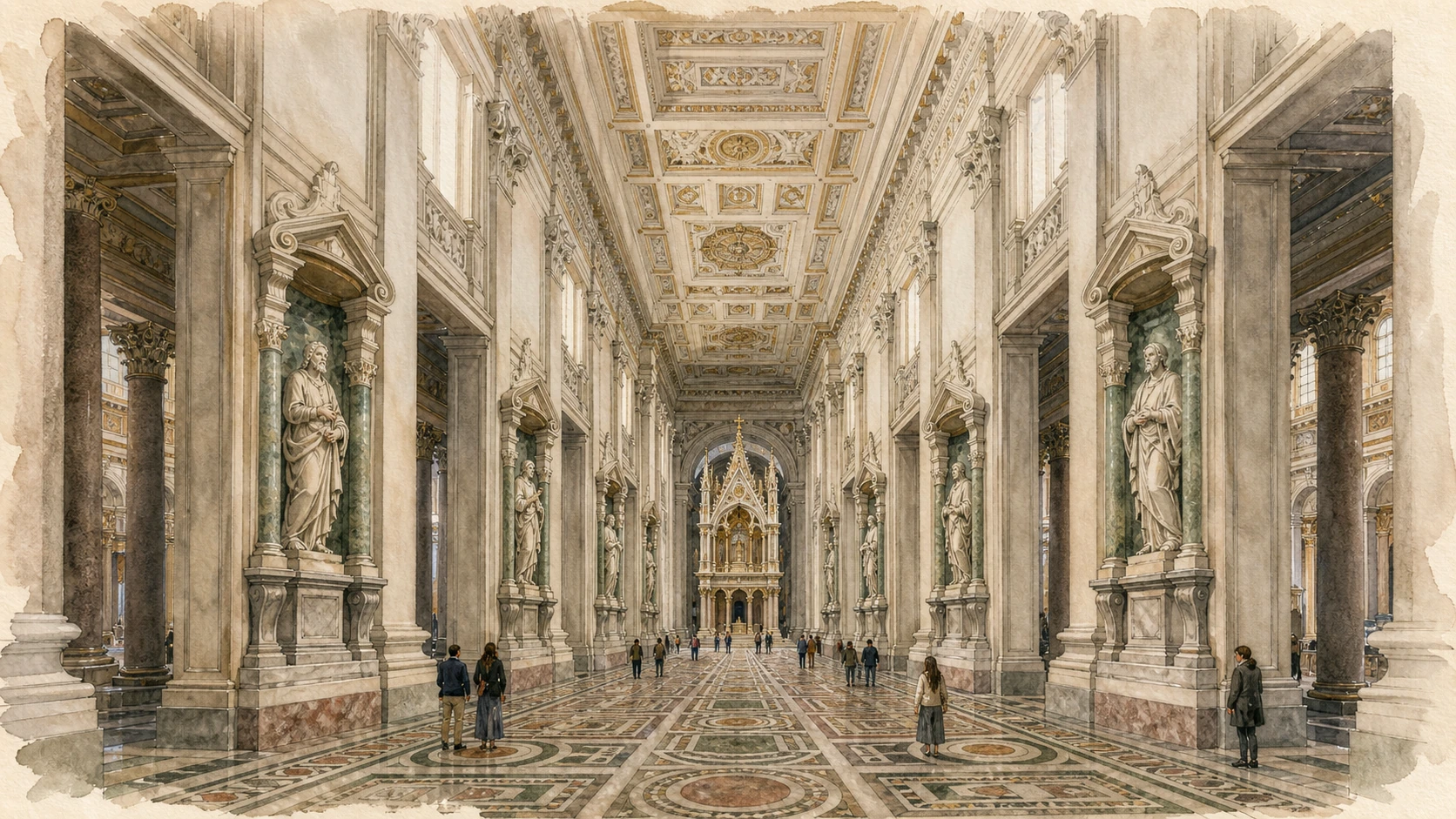Original documentary watercolour down Borromini's Lateran nave with twelve apostle niches and ancient side-aisle columns