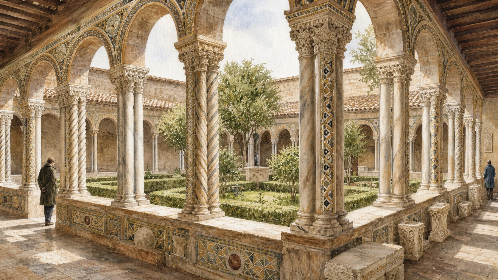Original documentary watercolour of the Lateran cloister with twisted mosaic columns, fragments and garden