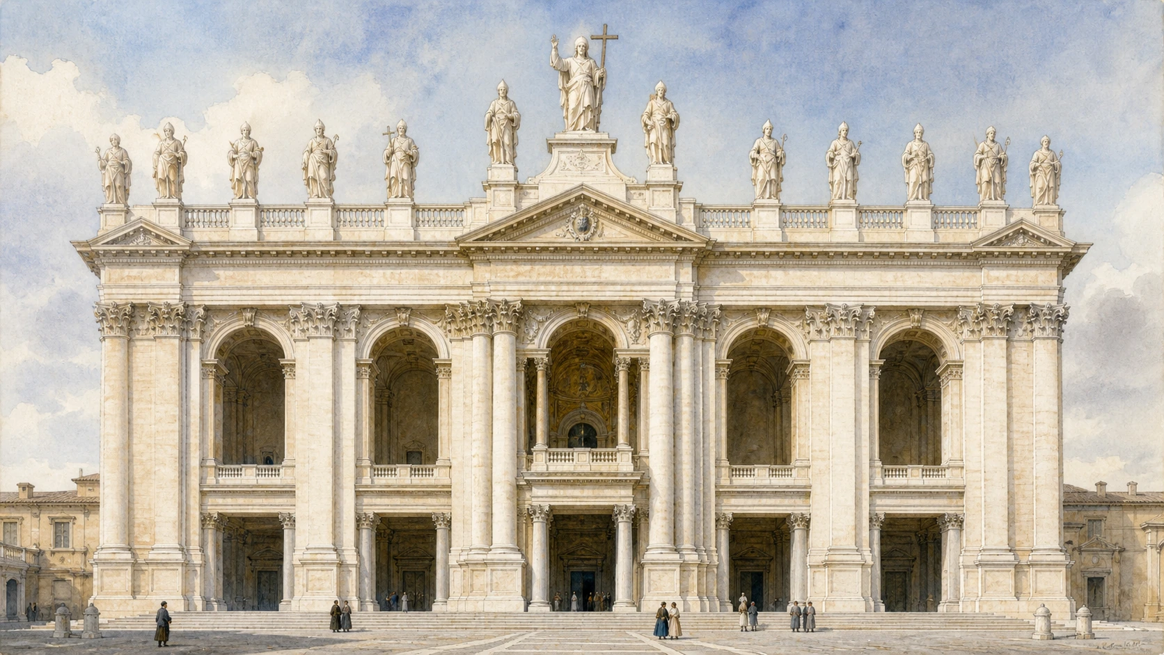 Original documentary watercolour of Galilei's Lateran facade with fifteen summit statues and the portico