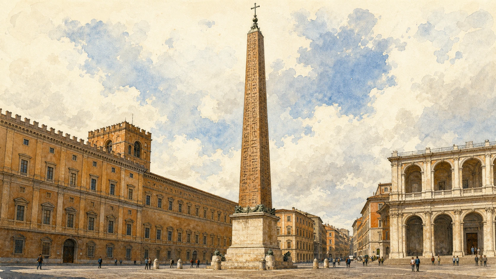 Original documentary watercolour of the Lateran Obelisk between the palace, loggia and route to Santa Croce