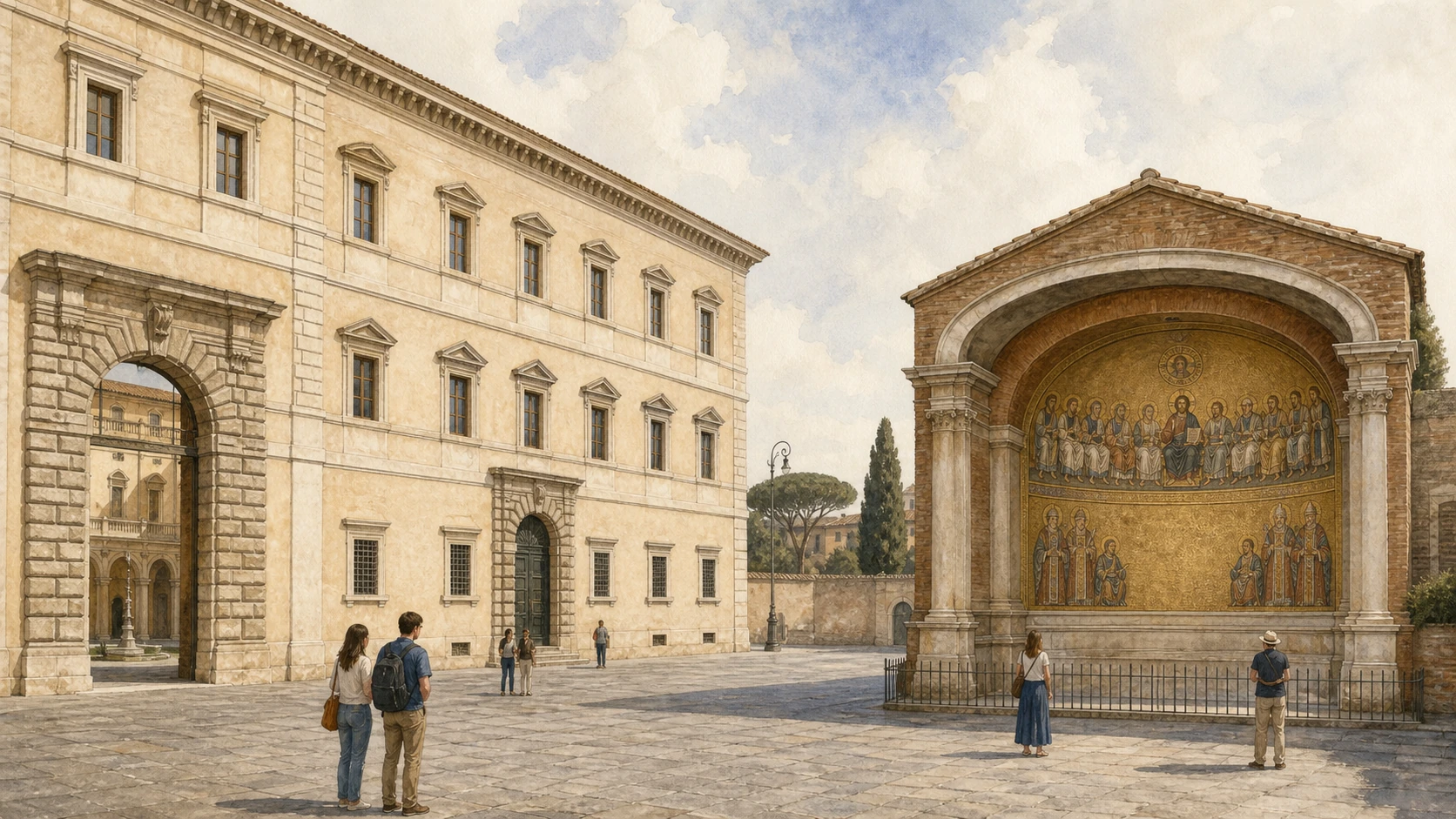 Original documentary watercolour of Fontana's Lateran Palace and the reconstructed Leonine Triclinium apse