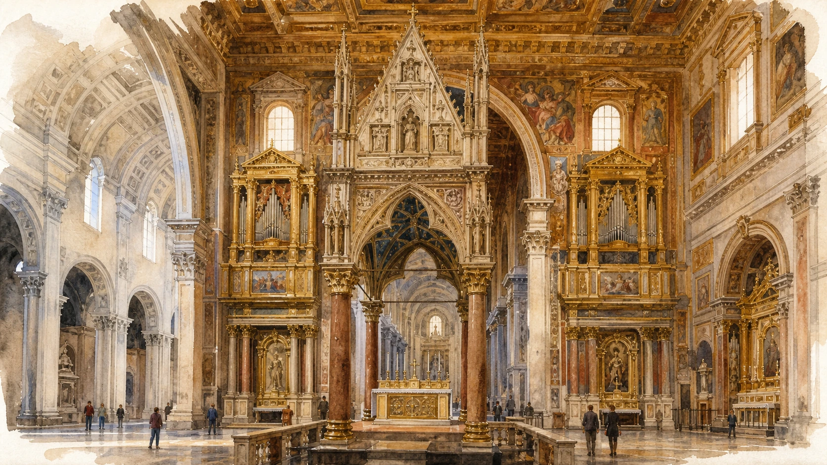 Original documentary watercolour of the Lateran transept and Gothic ciborium above the papal altar