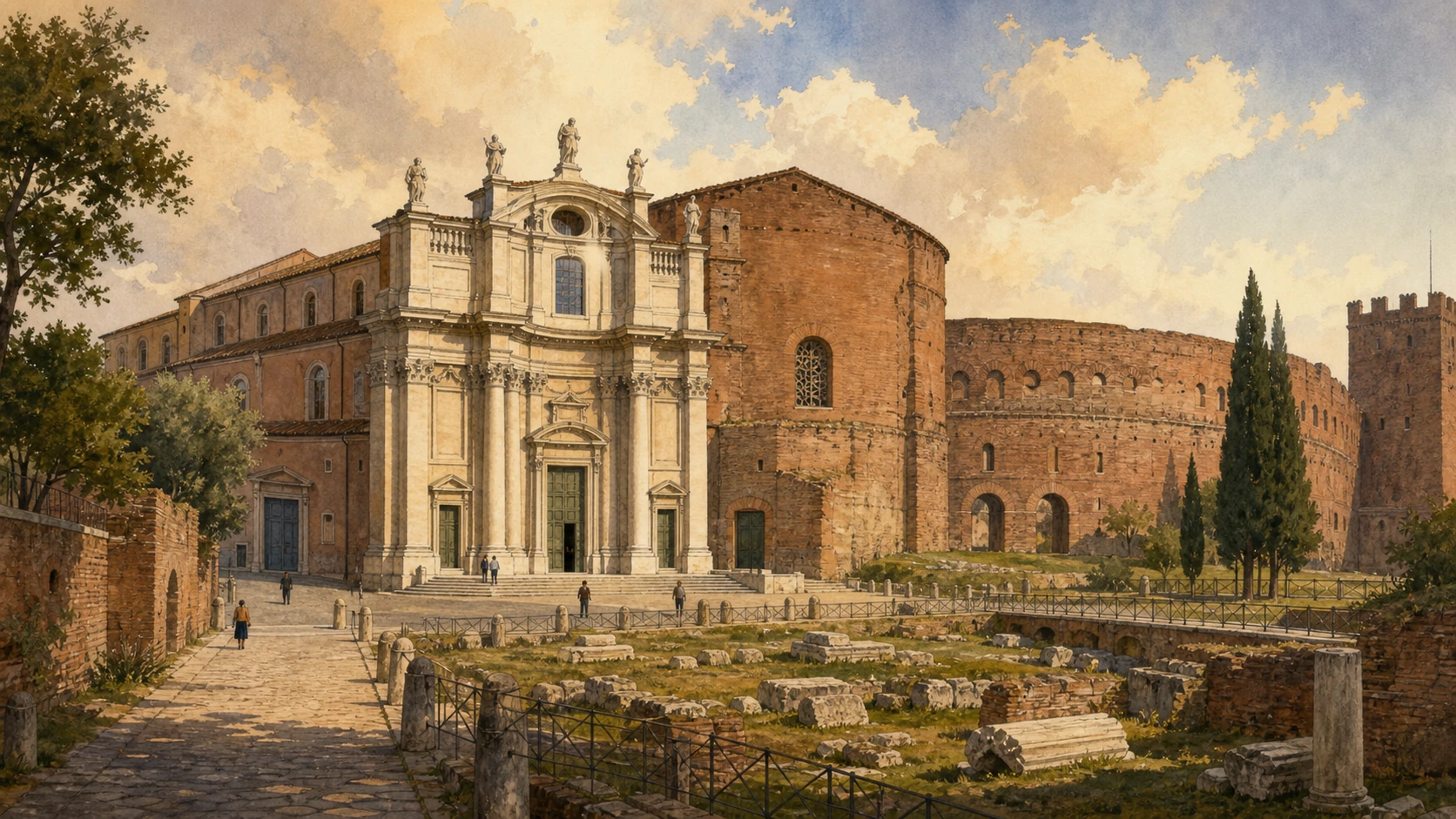 Original documentary watercolour of Santa Croce in Gerusalemme joined to the Sessorian palace and Castrense amphitheatre