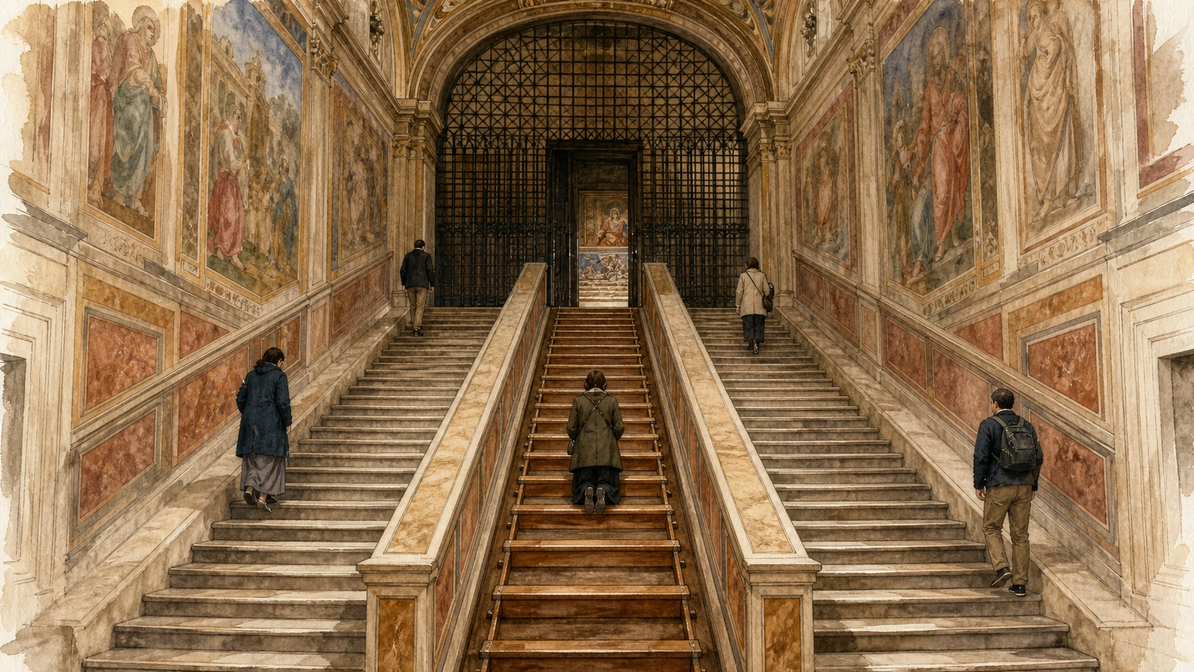 Original documentary watercolour of the five Holy Stairs flights rising toward the Sancta Sanctorum