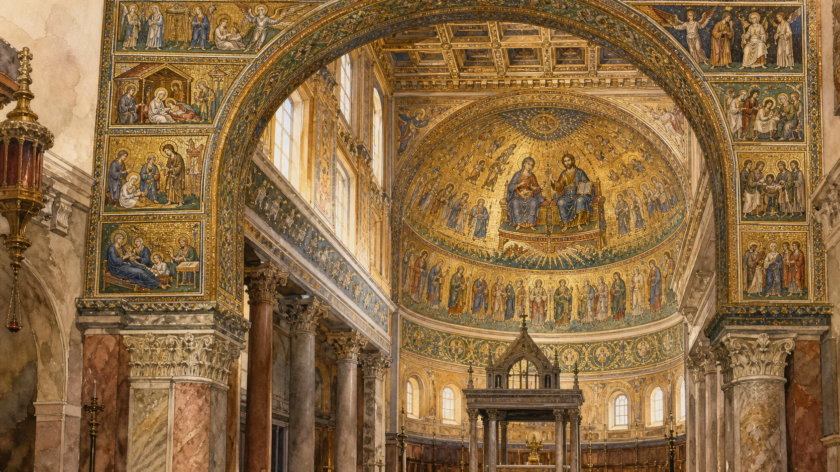 Original documentary watercolour joining the fifth-century triumphal arch mosaics and Torriti's medieval apse