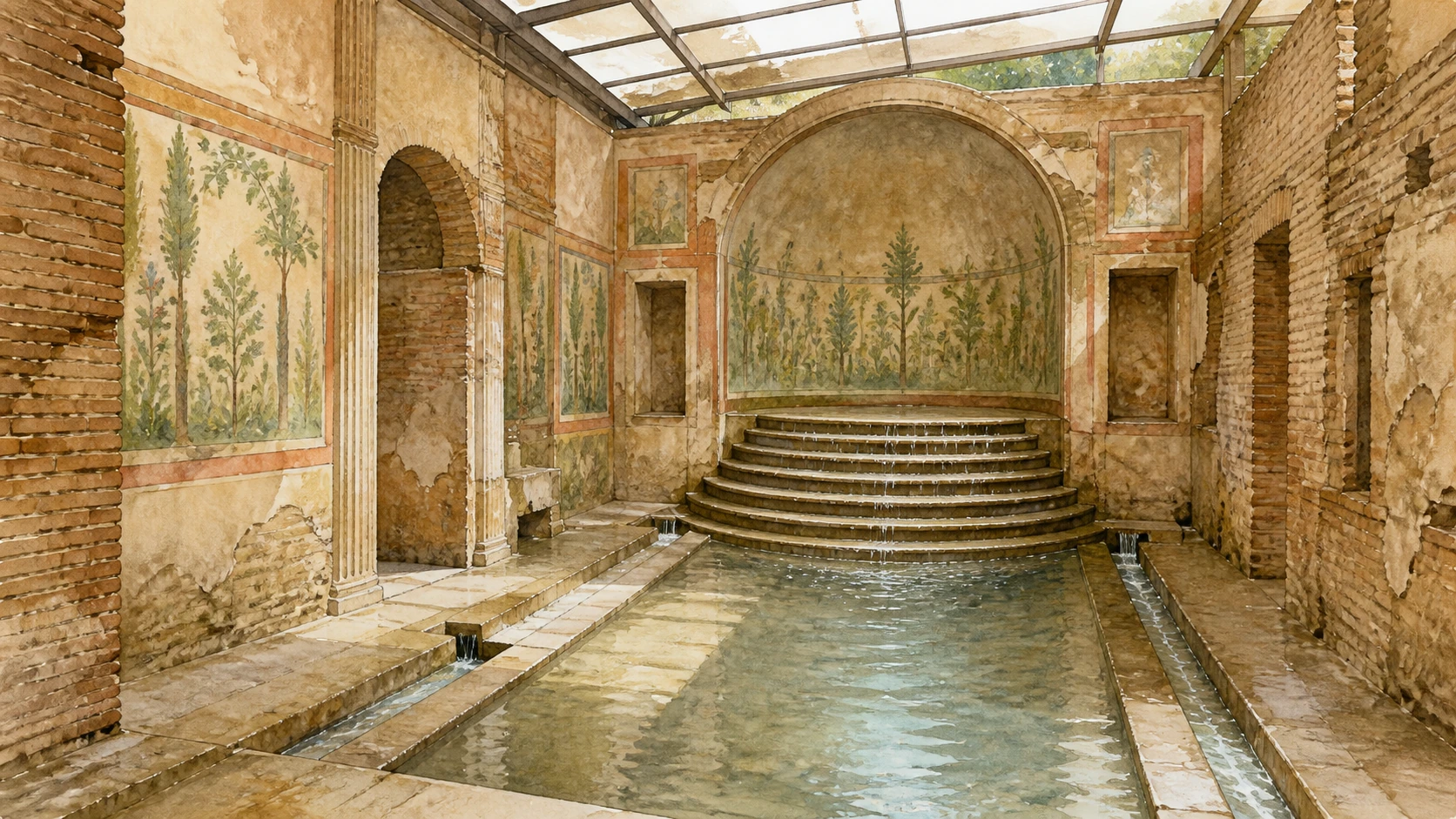Original documentary watercolour reconstructing the Auditorium of Maecenas as a painted semisubterranean nymphaeum