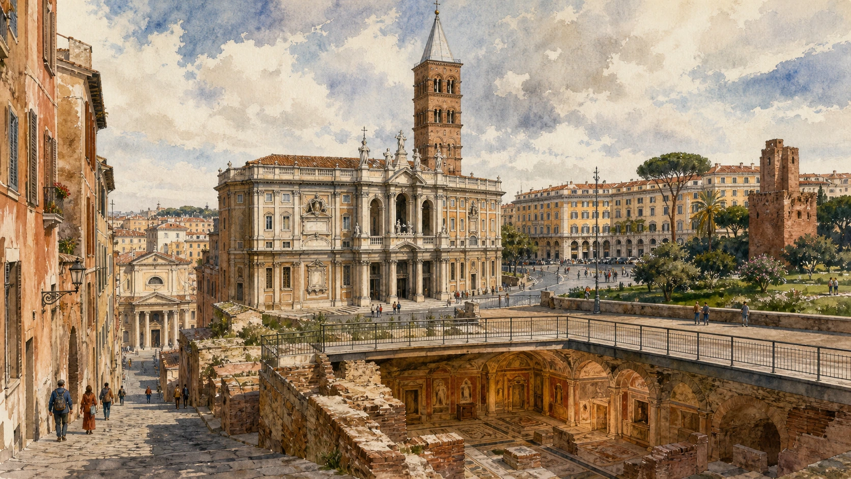 Documentary watercolour of the Esquiline, Santa Maria Maggiore and Monti