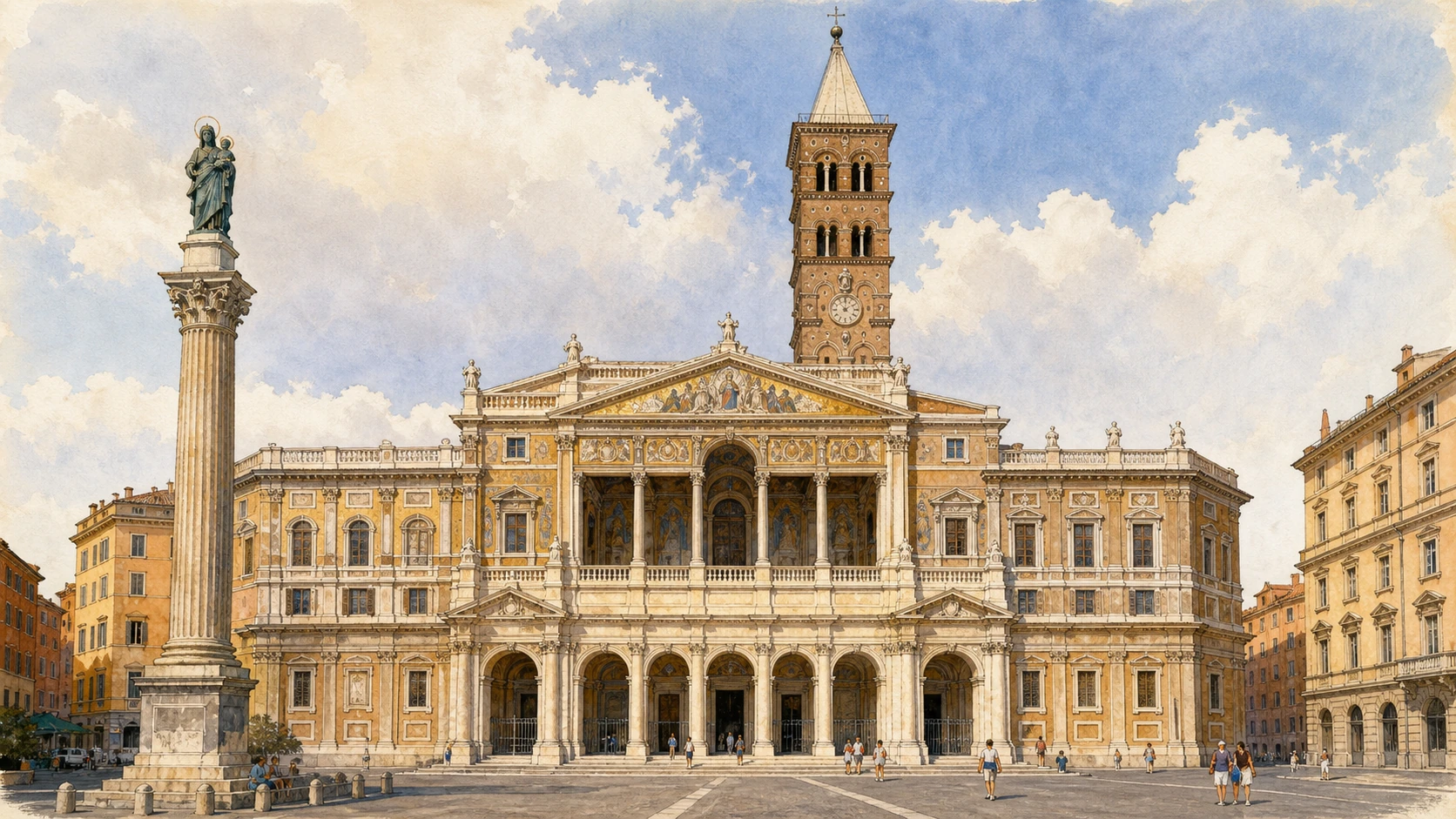 Original documentary watercolour of Fuga's Santa Maria Maggiore facade, medieval loggia mosaics, bell tower and column