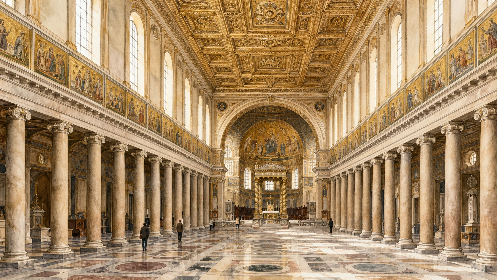 Original documentary watercolour down Santa Maria Maggiore's nave with Ionic columns, fifth-century mosaics and gilded ceiling