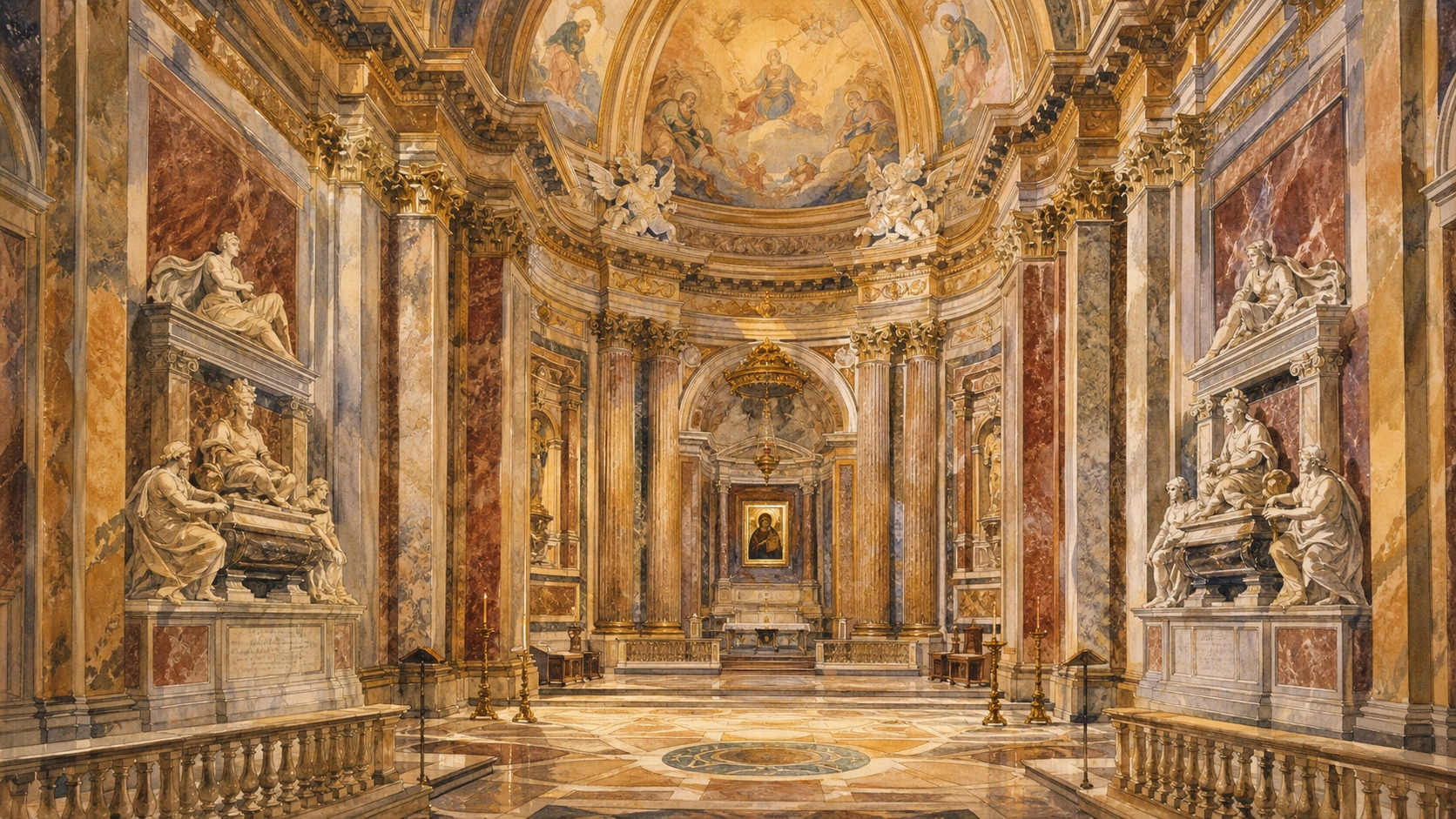 Original documentary watercolour of the Pauline Chapel with the Salus Populi Romani icon framed by papal tombs