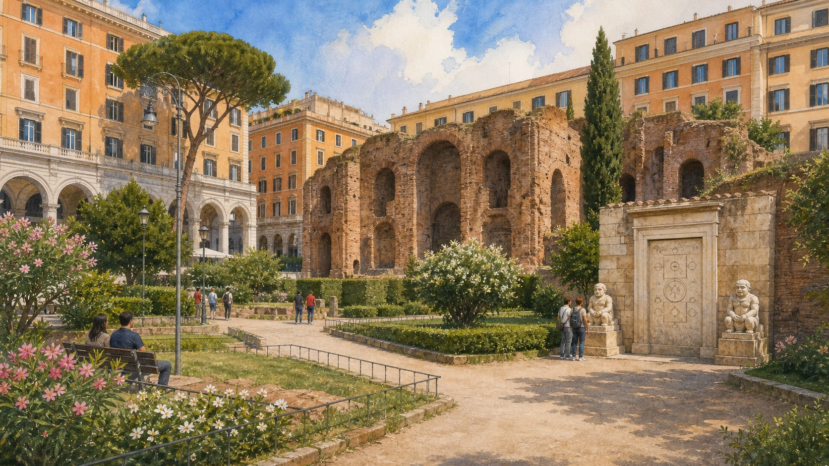 Original documentary watercolour of Piazza Vittorio's arcades, Trophies of Marius nymphaeum and relocated Magic Door