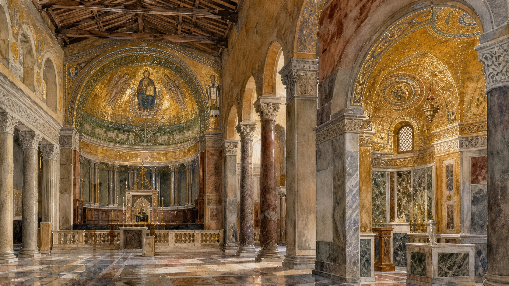 Original documentary watercolour inside Santa Prassede with the apse mosaics and jewel-like Chapel of Saint Zeno