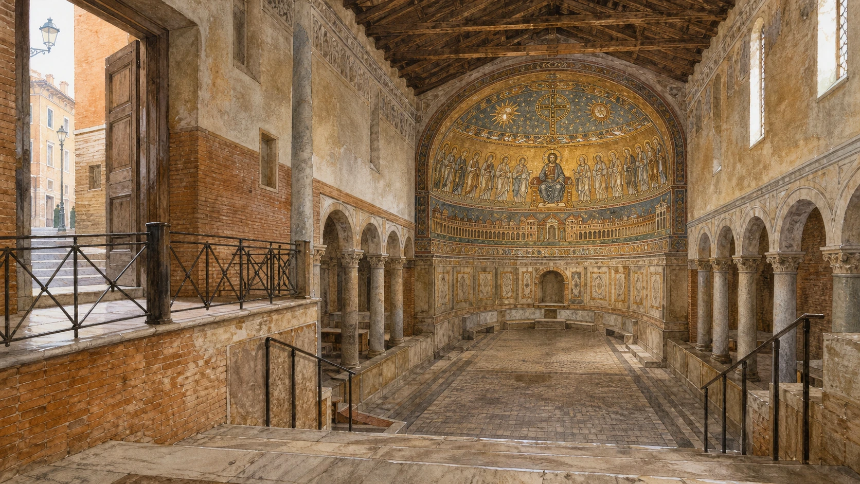 Original documentary watercolour of Santa Pudenziana's late-antique apse mosaic above the sunken nave
