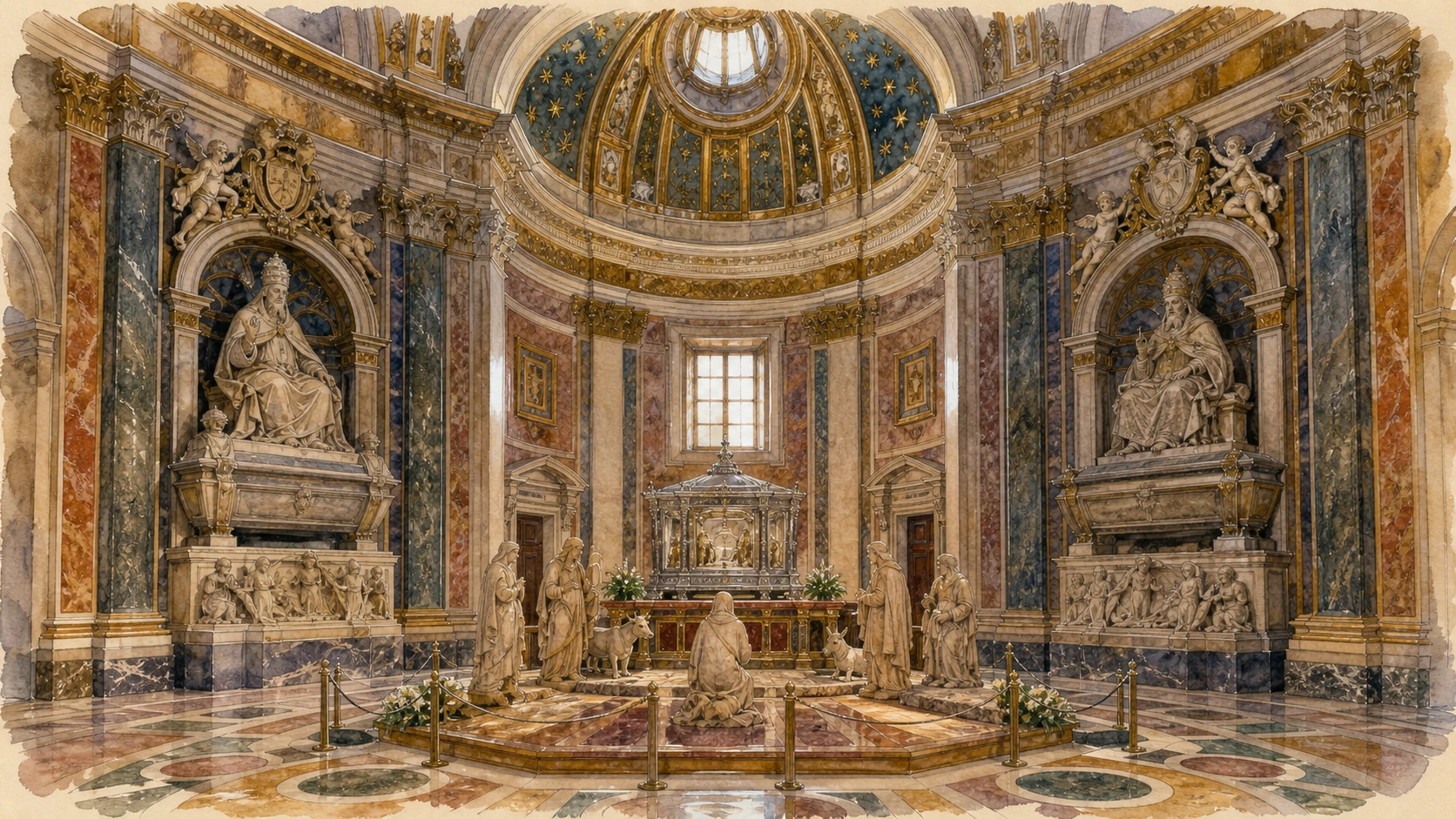 Original documentary watercolour of Santa Maria Maggiore's Sistine Chapel, Holy Crib reliquary and Arnolfo Nativity