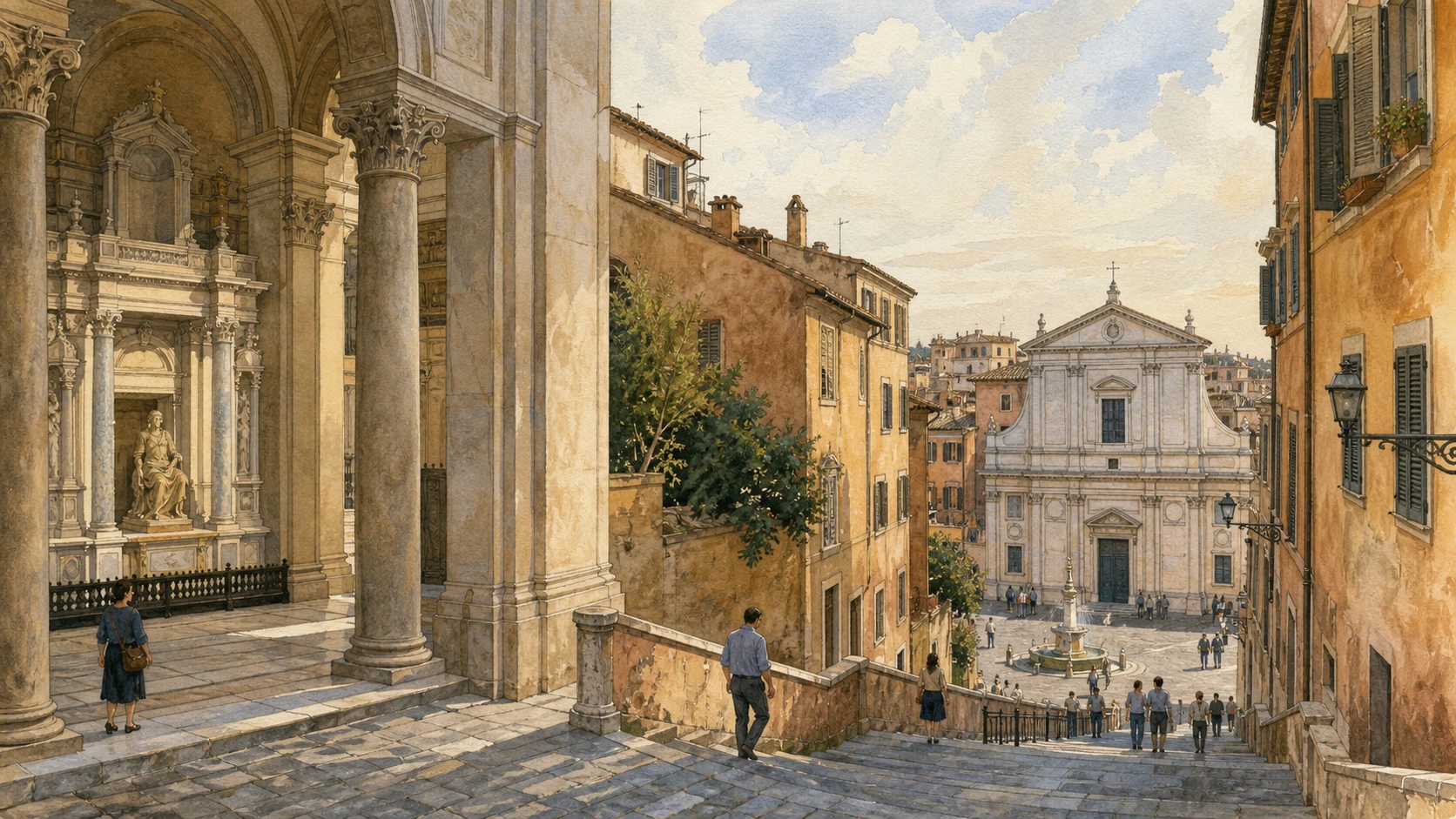 Original documentary watercolour of San Pietro in Vincoli, Michelangelo's Moses and the descending streets of Monti