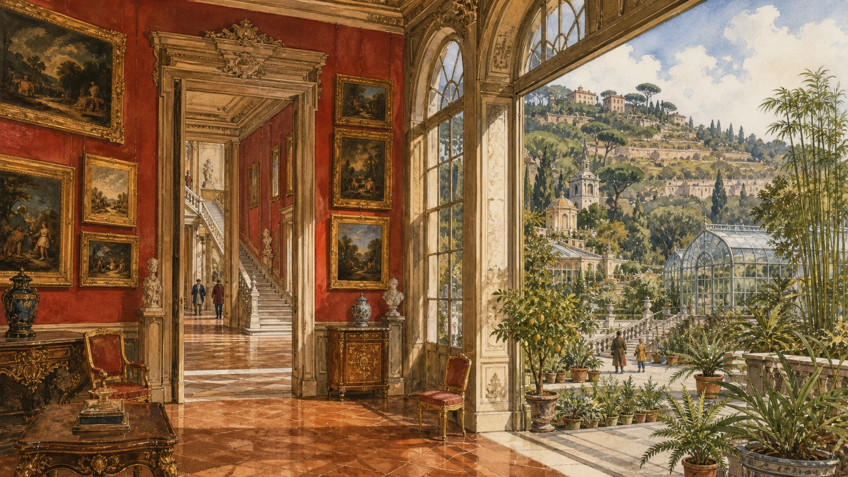 Original documentary watercolour joining Galleria Corsini's historic picture rooms and Sapienza's Botanical Garden