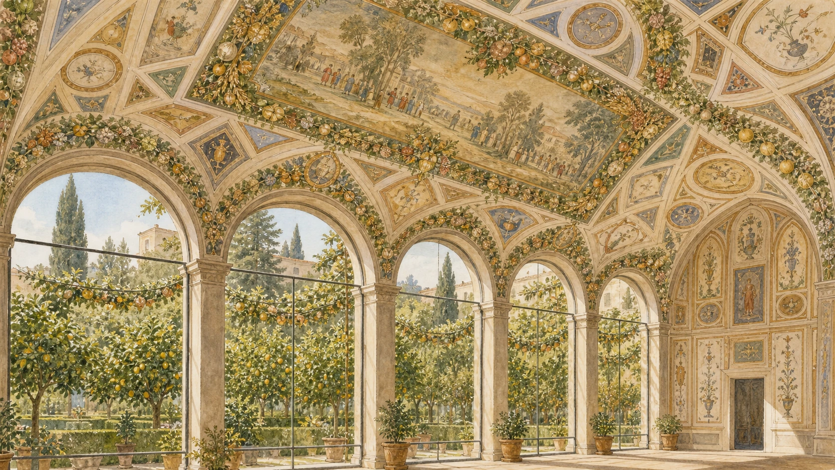 Original documentary watercolour of Villa Farnesina's Cupid and Psyche loggia with mythological vault and botanical garlands
