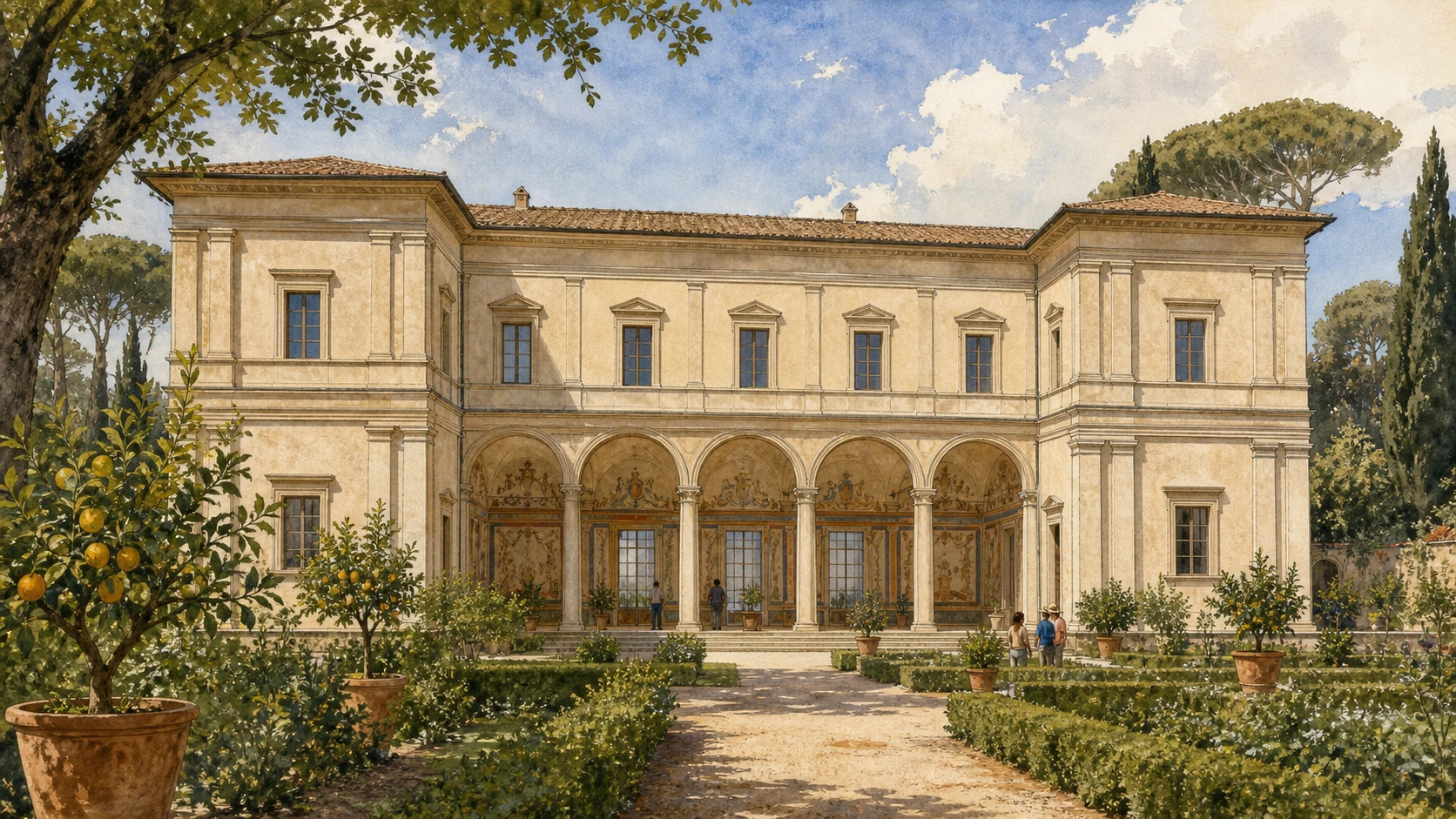 Original documentary watercolour of Peruzzi's Villa Farnesina, its five-arched loggia, projecting wings and historic garden