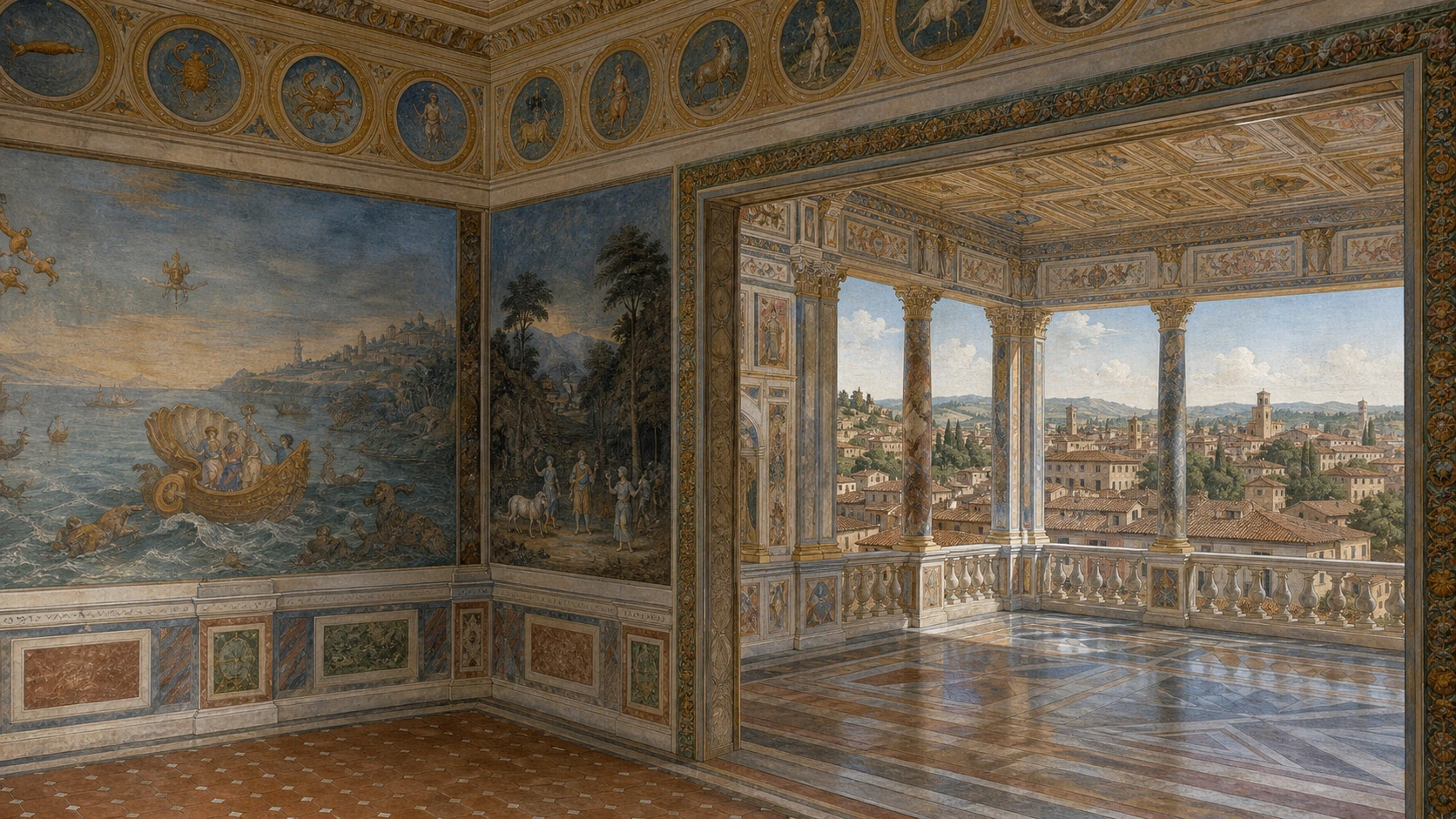 Original documentary watercolour joining Raphael's Galatea, Peruzzi's horoscope and the Hall of Perspectives