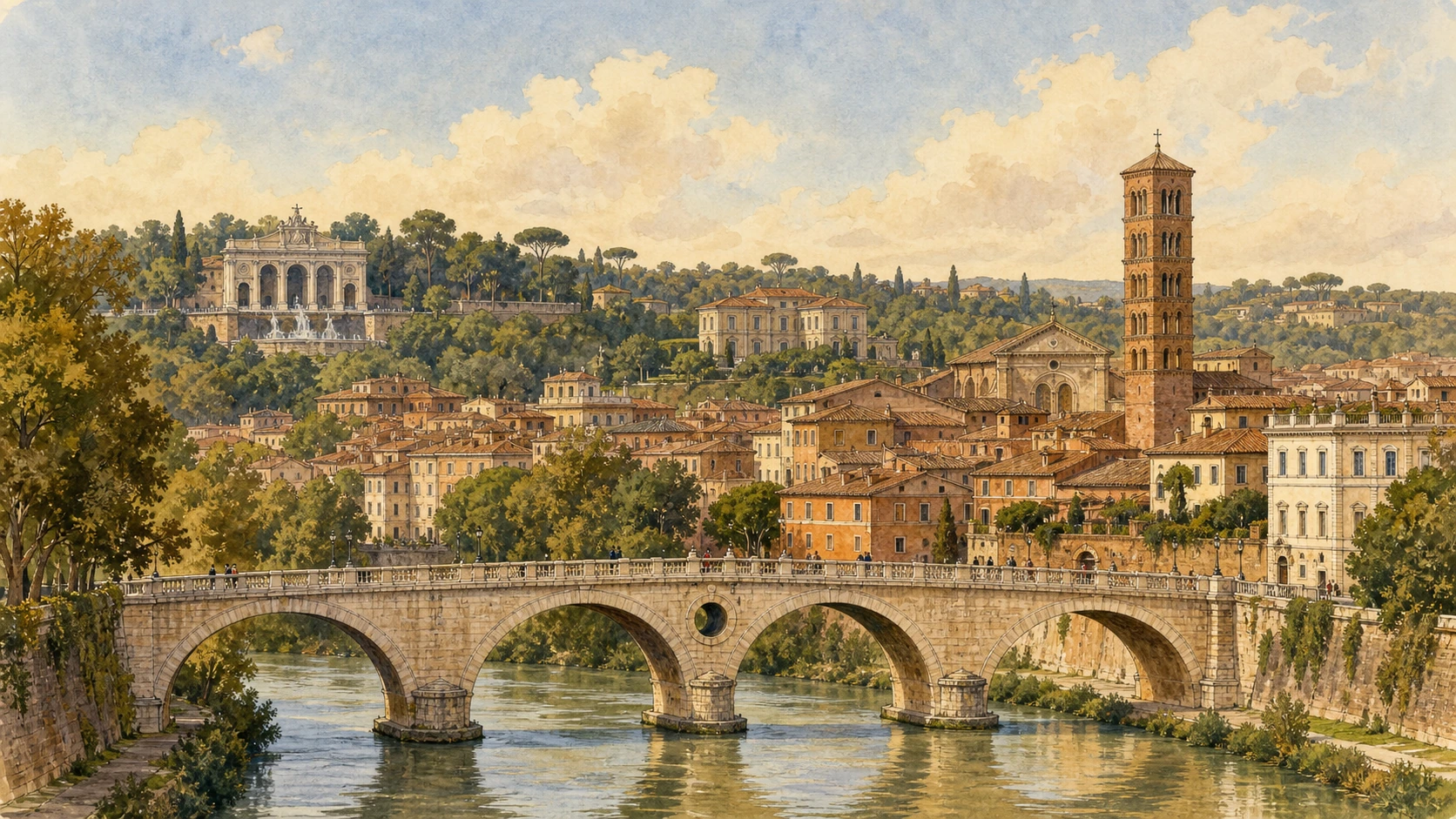 Documentary watercolour of Trastevere, the Janiculum and Villa Farnesina