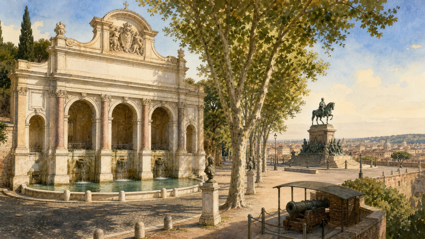 Original documentary watercolour of the Fontanone, Janiculum promenade, Garibaldi monument and noon cannon