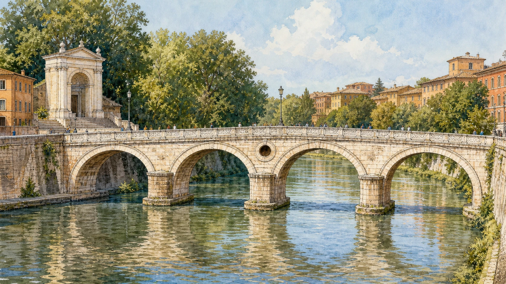 Original documentary watercolour of Ponte Sisto, its central oculus and the relocated Piazza Trilussa fountain