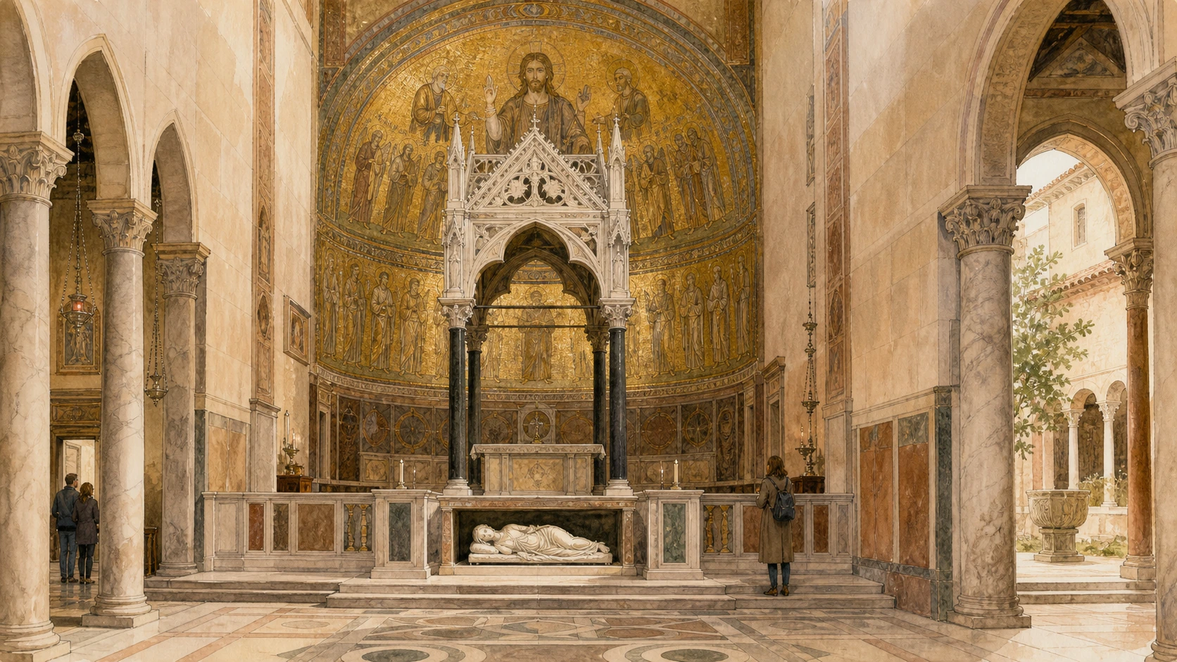 Original documentary watercolour of Santa Cecilia in Trastevere joining courtyard, apse, Arnolfo ciborium and Maderno sculpture