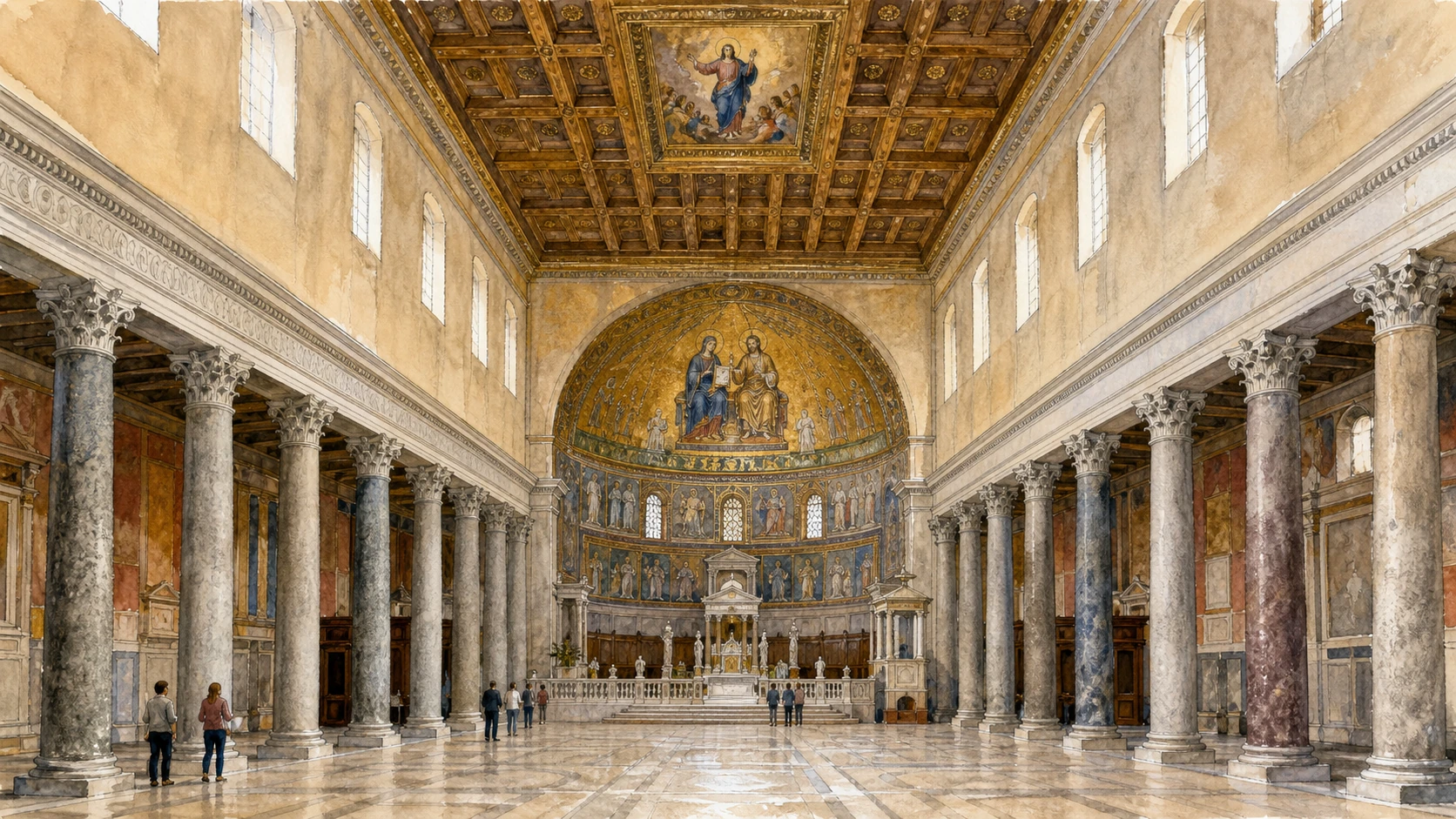 Original documentary watercolour inside Santa Maria in Trastevere with ancient columns and the two medieval mosaic programmes