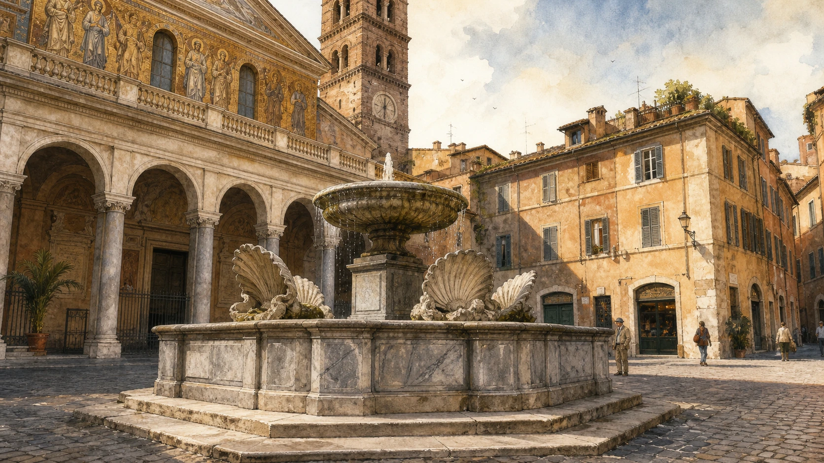 Original documentary watercolour of Piazza Santa Maria in Trastevere, its fountain, portico and bell tower