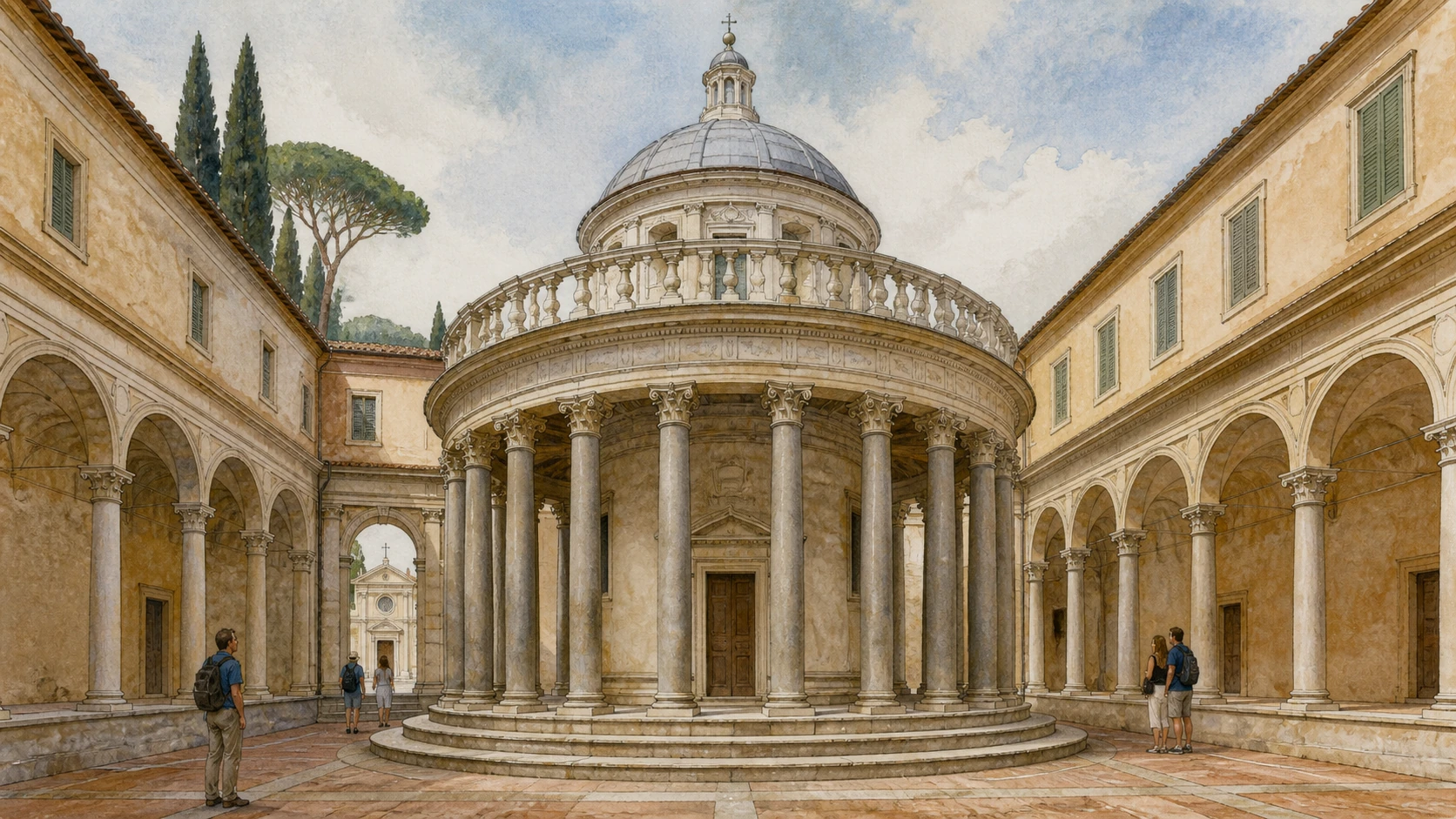 Original documentary watercolour of Bramante's Tempietto in the cloister of San Pietro in Montorio