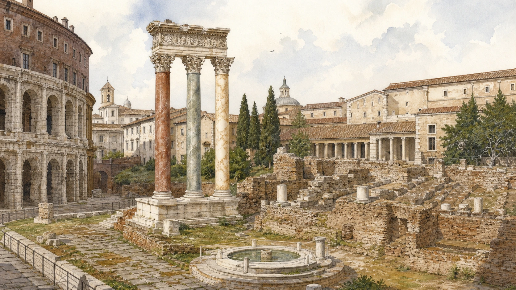 Original documentary watercolour of the reconstructed Apollo Sosianus columns and the lower remains of Bellona