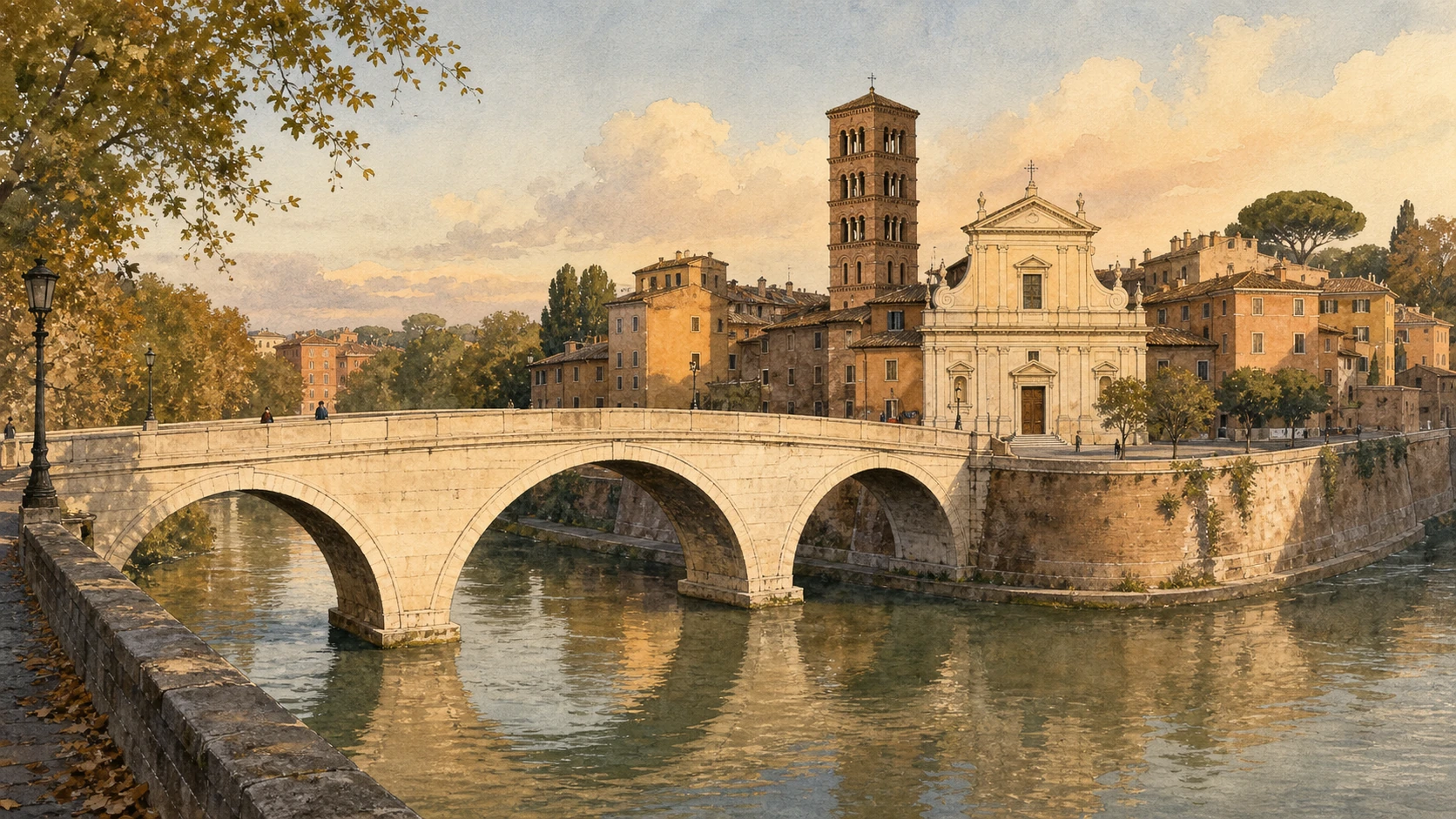 Original documentary watercolour of San Bartolomeo all'Isola with its bell tower and the rebuilt Pons Cestius