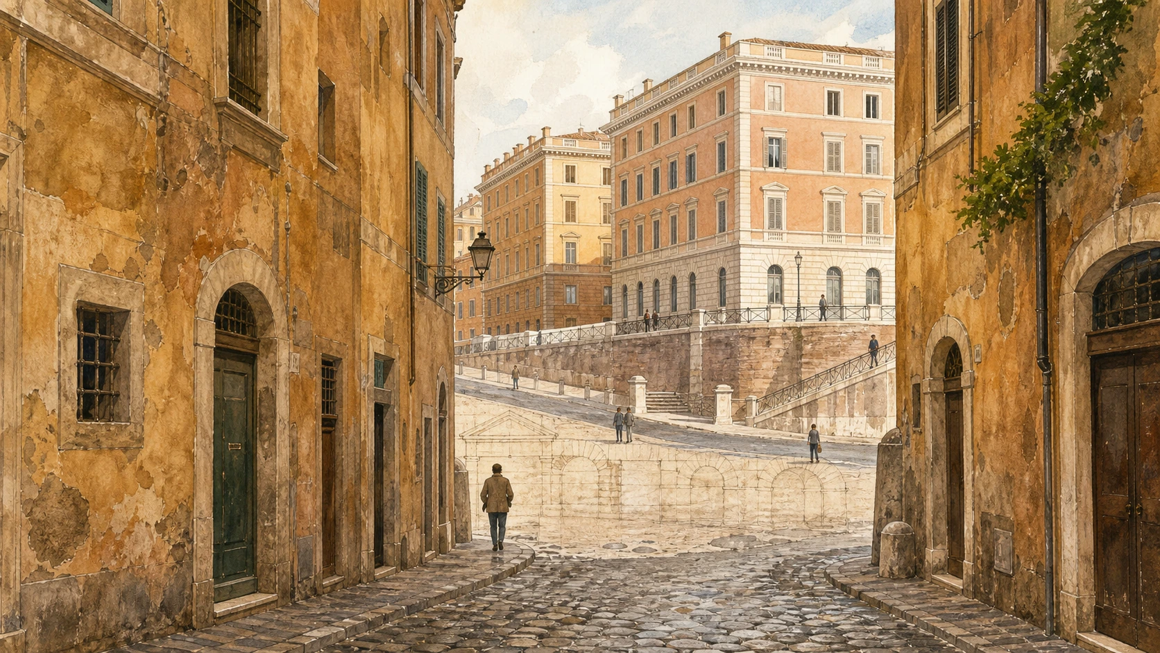 Original documentary watercolour contrasting Via della Reginella with the raised post-1870 blocks of the Jewish quarter