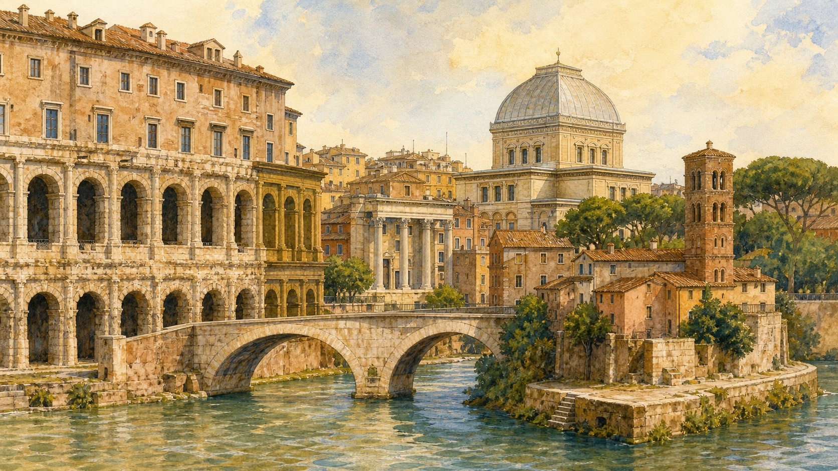 Documentary watercolour of the Ghetto, Theatre of Marcellus and Tiber Island