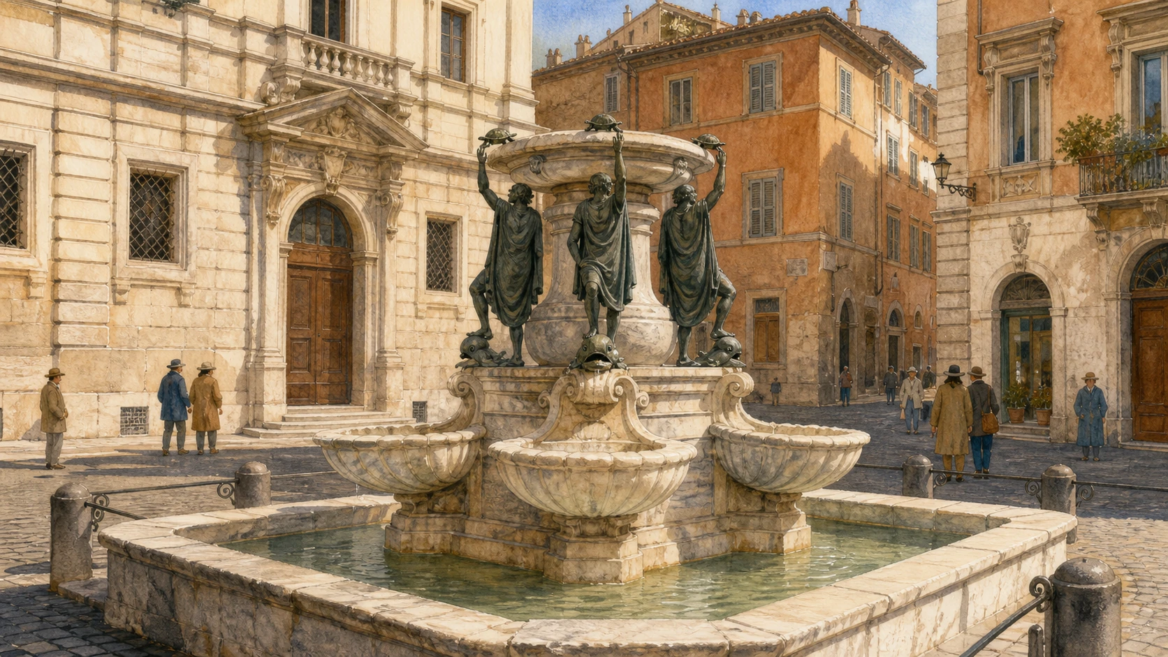 Original documentary watercolour of Piazza Mattei and the Turtle Fountain with surrounding Renaissance palaces