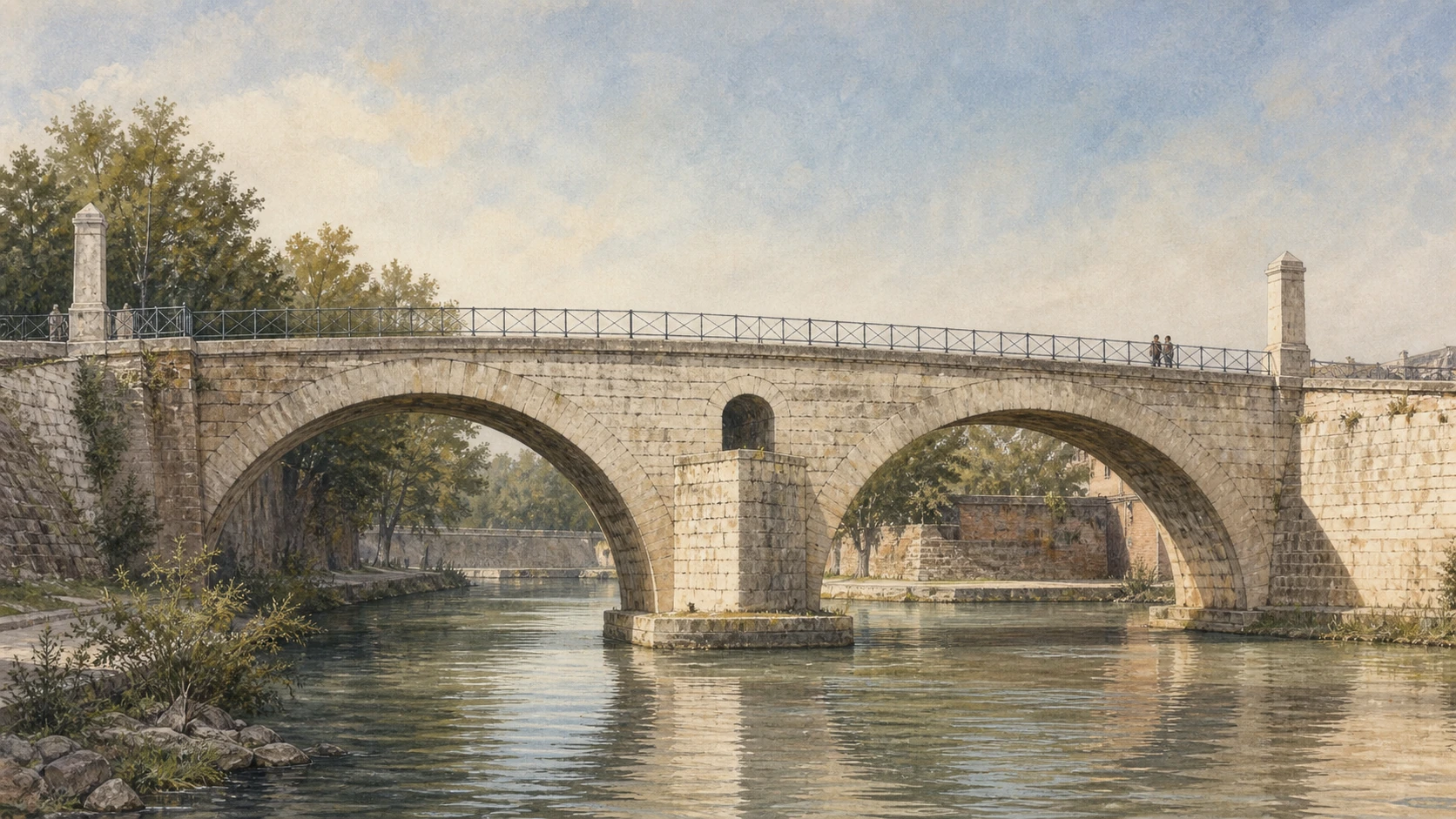 Original documentary watercolour of Pons Fabricius with two main arches, central flood opening and four-headed herms