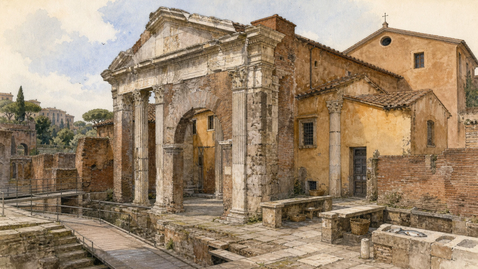Original documentary watercolour of the Portico of Octavia integrated with Sant'Angelo in Pescheria and the former fish market