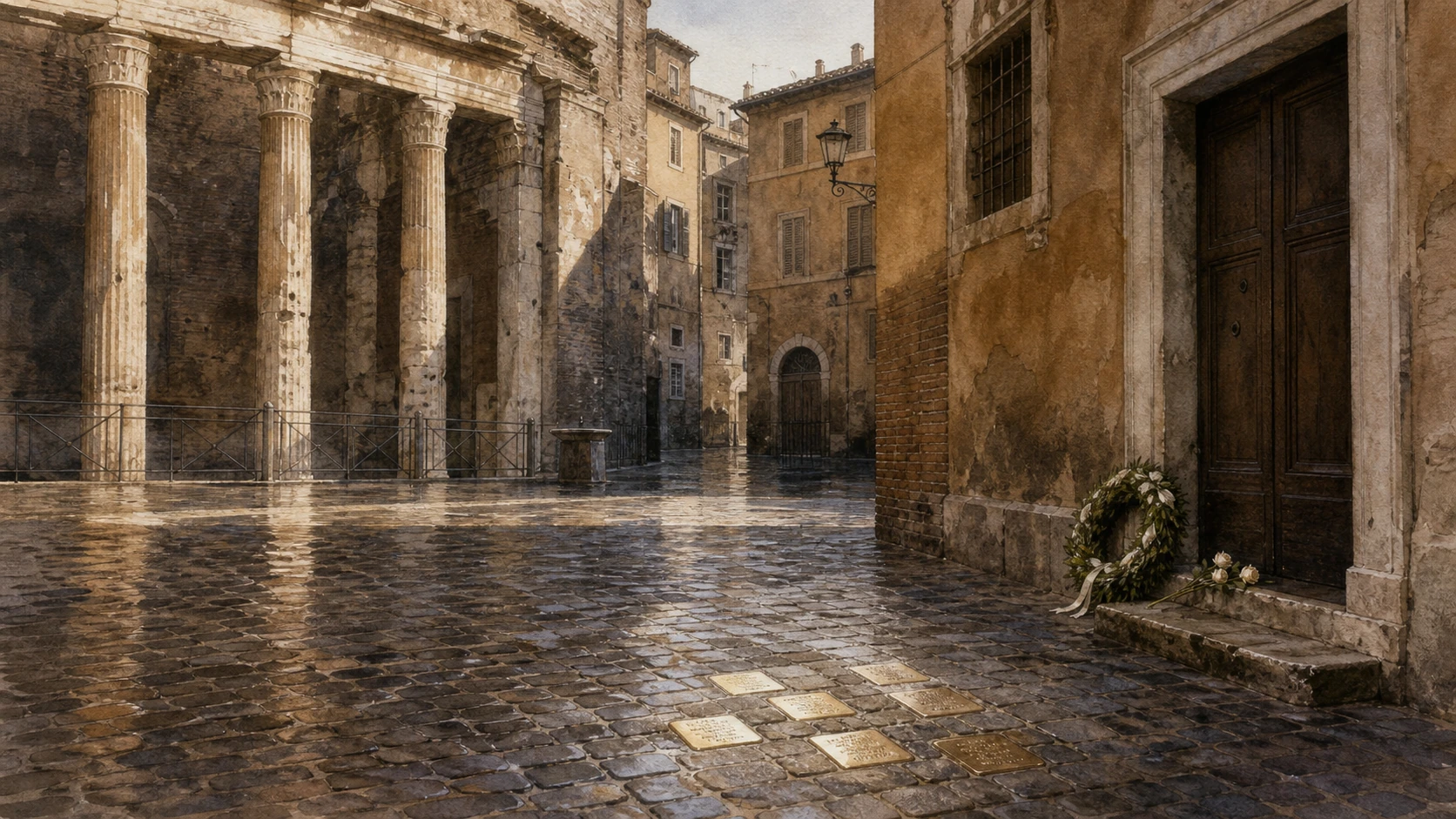 Original documentary watercolour of Largo 16 Ottobre and dispersed brass Stones of Memory in the Jewish quarter