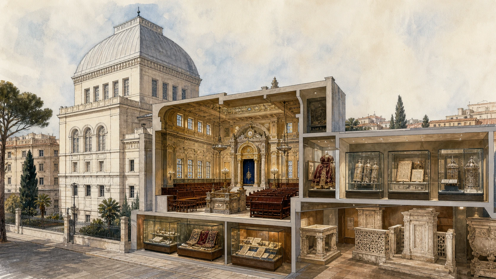 Original documentary watercolour of the Great Synagogue's square dome opening into the Jewish Museum collections from the Cinque Scole